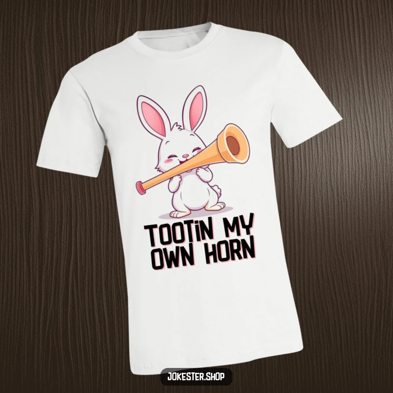 Funny rabbit character blowing into a massive kazoo, showcasing pure joy and musical ambition. A hilarious t-shirt for funny gift seekers.