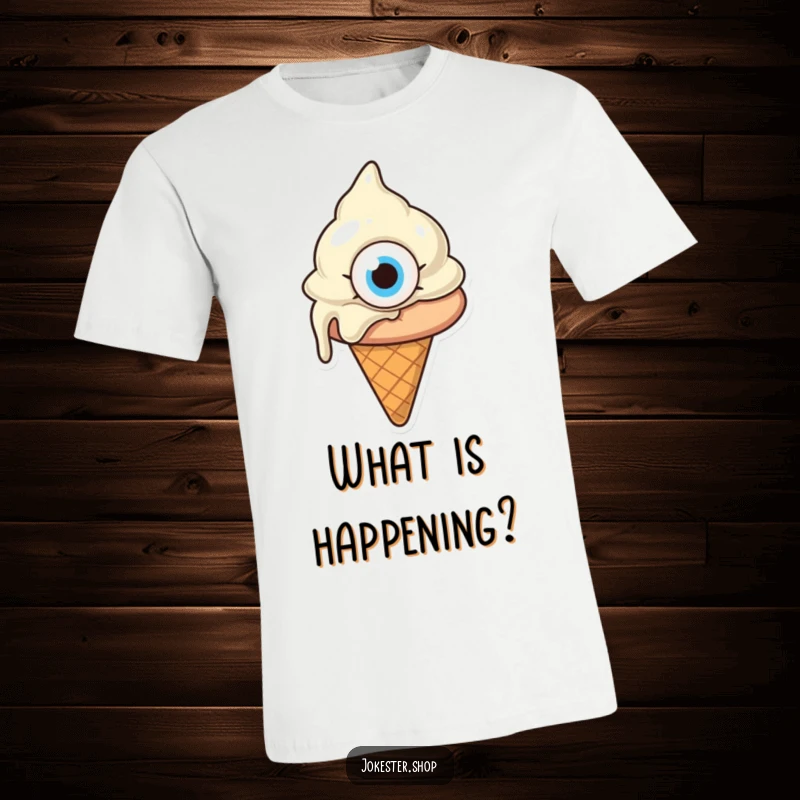 Funny melting ice cream cone with one giant eye, looking confused, a quirky cartoon shirt for expressing confusion, great funny gift.