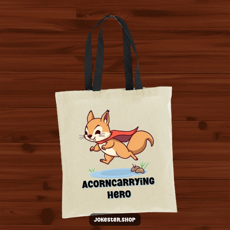 Funny squirrel tote bag depicting a determined squirrel in a superhero cape, leaping over a small puddle, ready for action.