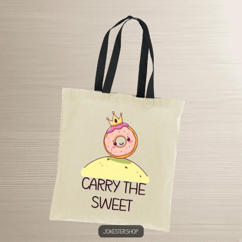 Funny tote bag showing a cheerful donut with a tiny crown rolling down a hill, celebrating sweet treats and a joyful, regal journey.