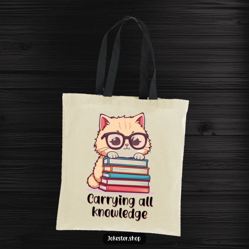 Funny cat tote bag, fluffy cat wearing oversized glasses, trying to balance a stack of books, a humorous and practical accessory.