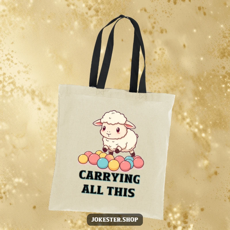 Funny sheep comically attempting to herd tiny bouncy balls, printed on a sturdy tote bag for humorous shopping trips.