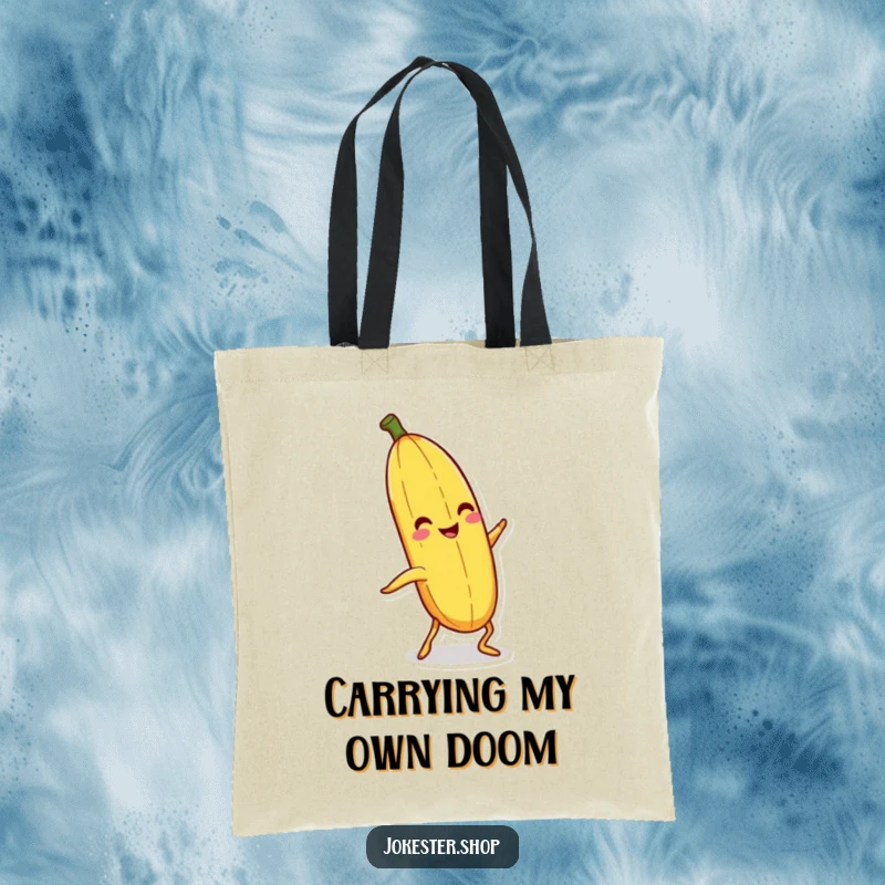 Funny banana peel with legs, slipping hilariously, on a tote bag, a practical funny gift.