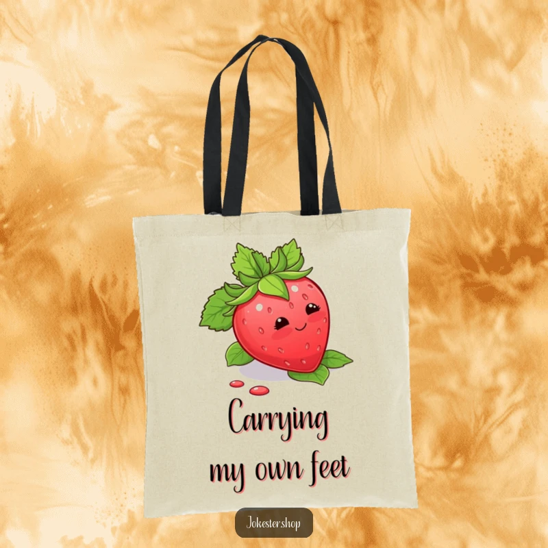 Funny Tote Bag showing a blushing strawberry tripping over its leaves, perfect for stylish and humorous carrying.