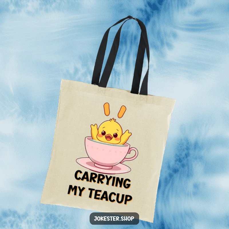 Funny Tote Bag: A rubber ducky floating upside down in a teacup, showcasing a comical and surprising scene for a functional and humorous accessory.