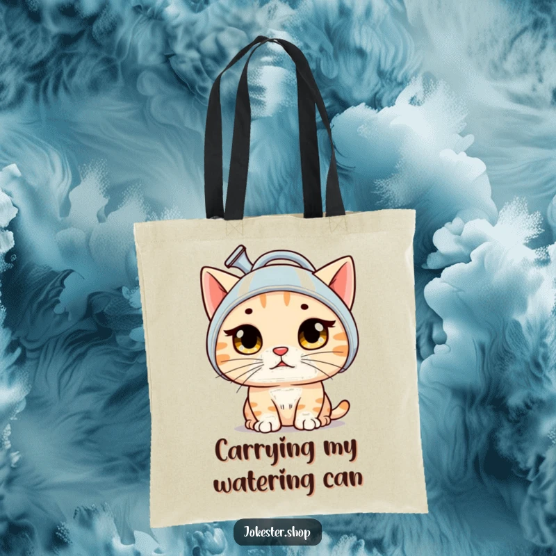 Funny cat tote bag depicting a bewildered cat with wide eyes, wearing a watering can as a helmet, a humorous accessory.