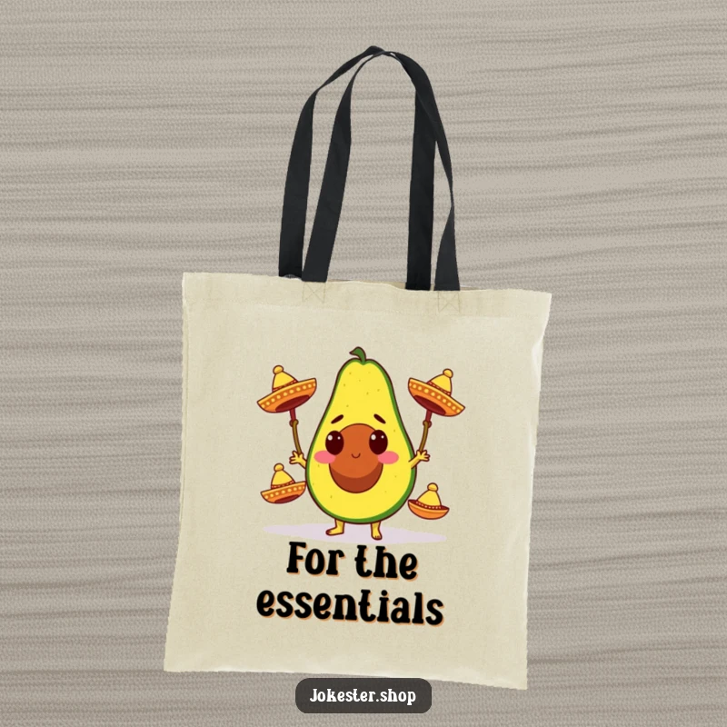 Funny tote bag with a determined avocado character energetically juggling three miniature sombreros, perfect for carrying groceries or party supplies.