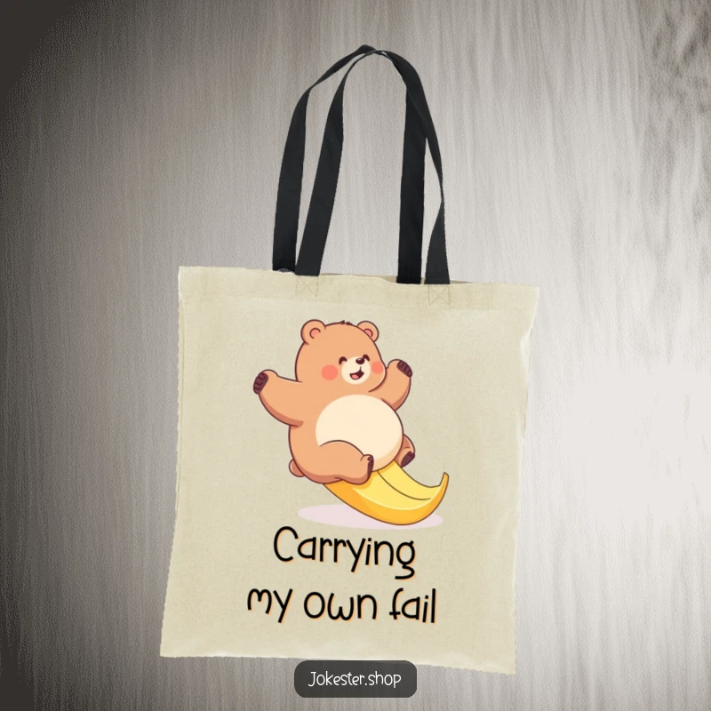 Funny bear tote bag illustrating a plump bear's comical attempt to climb a slippery banana peel, a humorous carry-all.