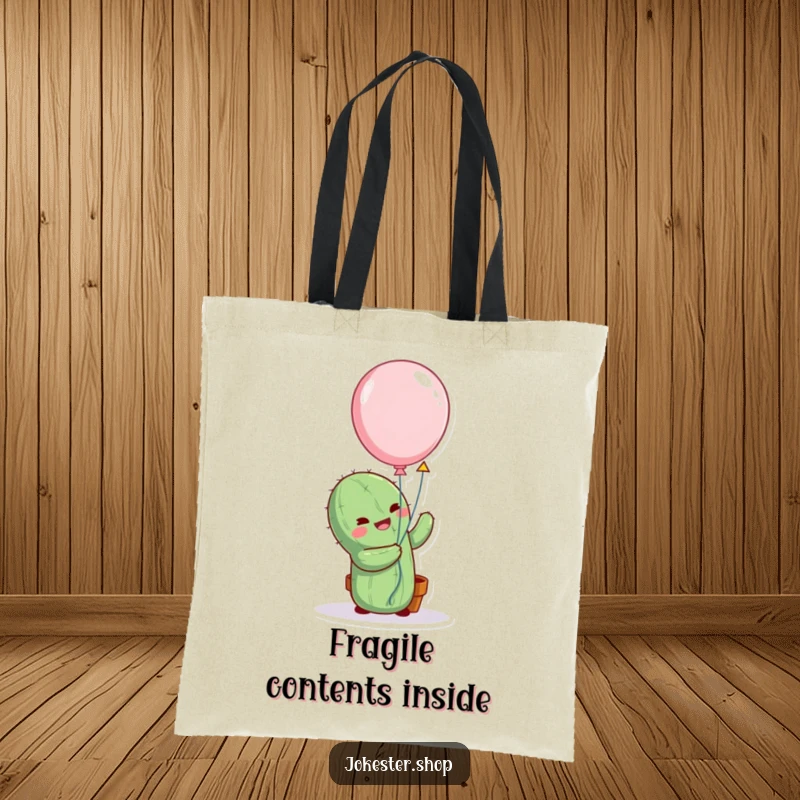 Funny cactus character comically hugging a balloon, printed on a tote bag, symbolizing a humorous and endearing attempt to connect.