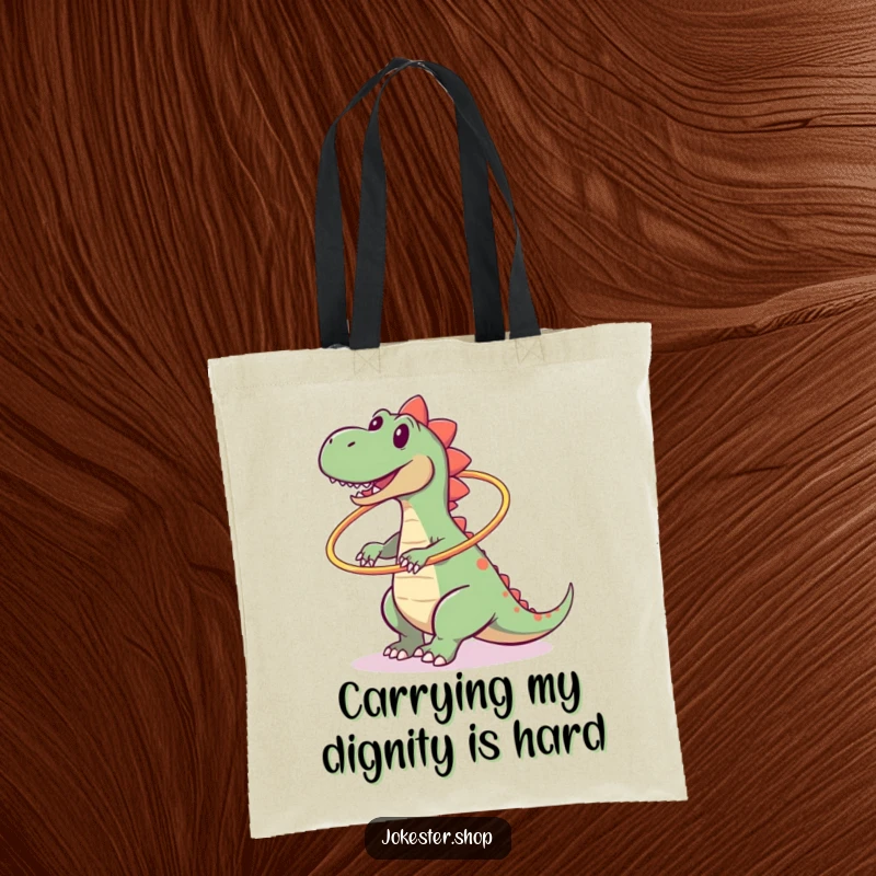 Funny tote bag illustrating a clumsy dinosaur's comical hula hoop attempt ending in a spectacular fall.
