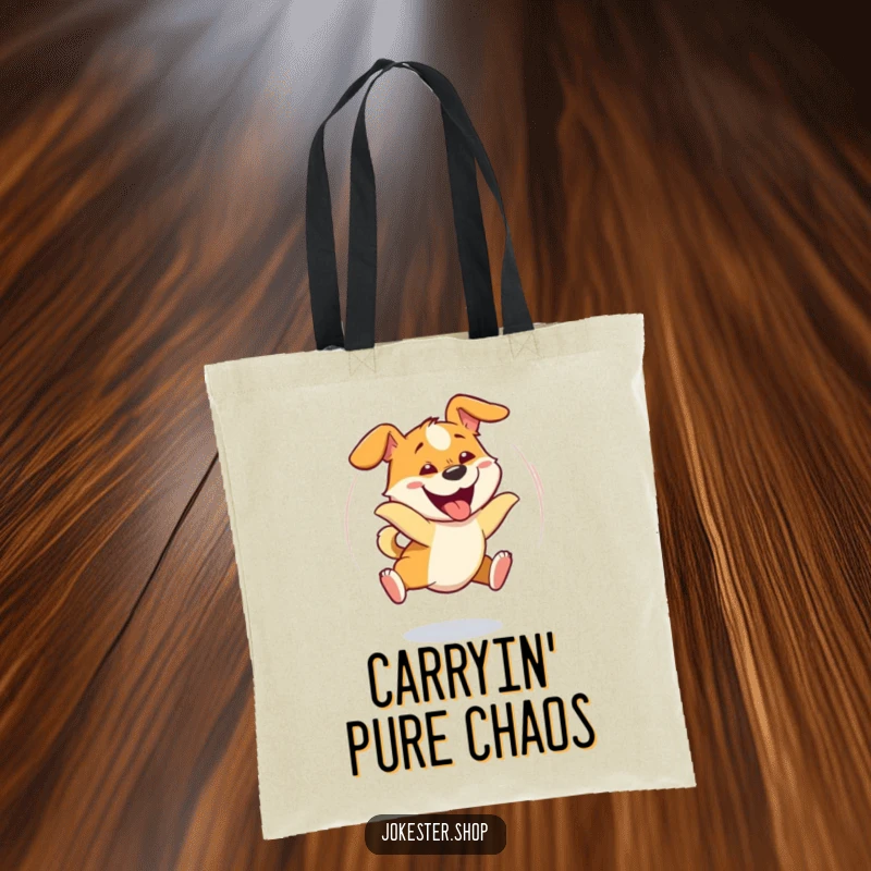 Funny dog character in a dizzy spin, hilariously chasing its tail with a goofy expression, printed on a tote bag.