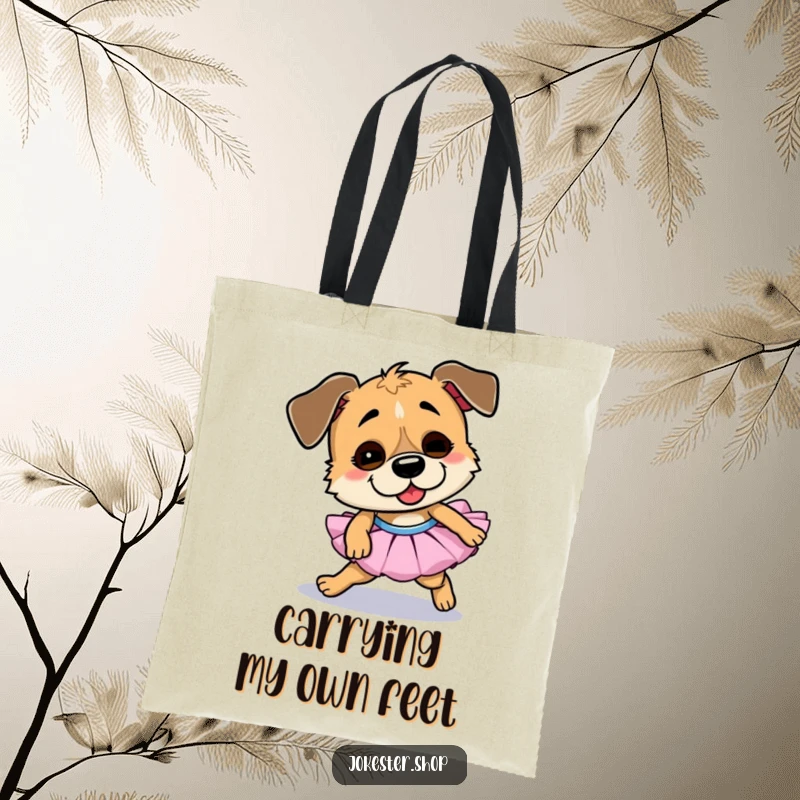 Funny dog tote bag, wearing a tutu and comically tripping, a whirlwind of goofy energy and adorable clumsiness.