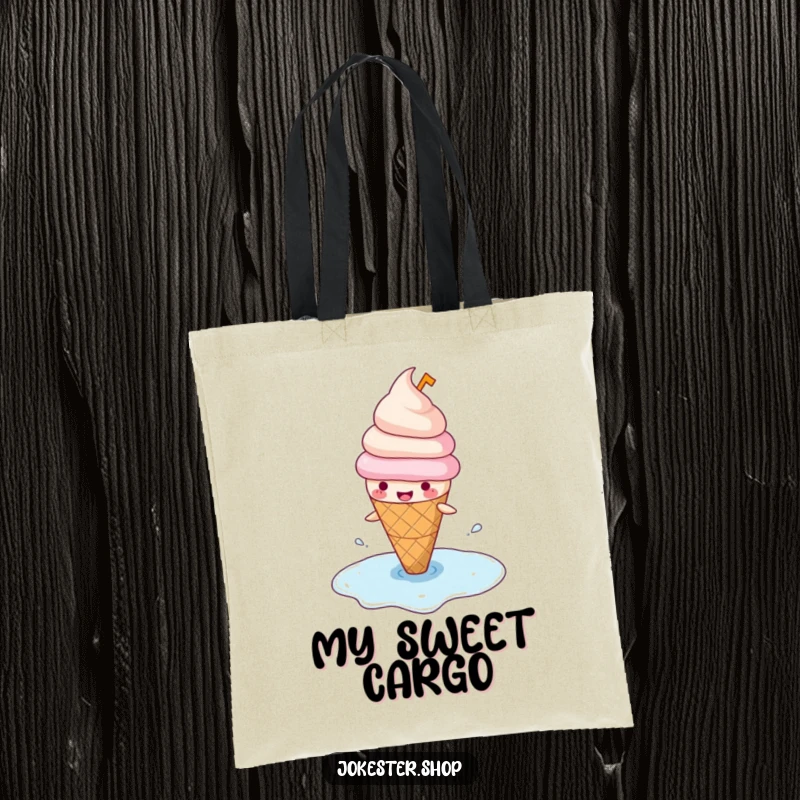 Funny tote bag with a happy ice cream cone in a hat, comically slipping on its melted puddle, ideal for carrying daily items.