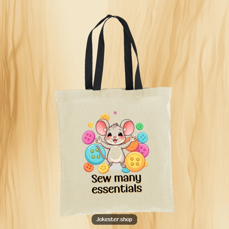 Funny mouse character with a talent for juggling colorful, oversized buttons. A durable and funny tote bag for craft lovers.