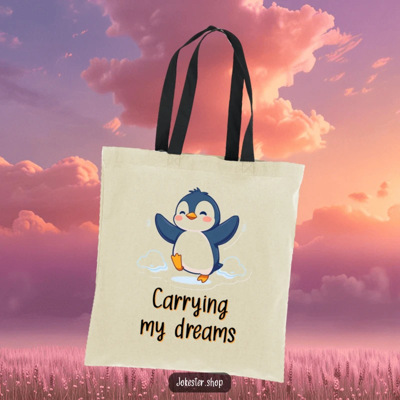 Funny Tote Bag showing a determined penguin trying to fly with its flippers, perfect for stylish and humorous carrying.