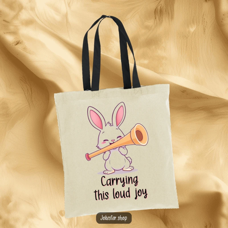 Funny rabbit character enthusiastically tooting a colossal kazoo, ready for musical escapades. A durable and funny tote bag for laugh enthusiasts.