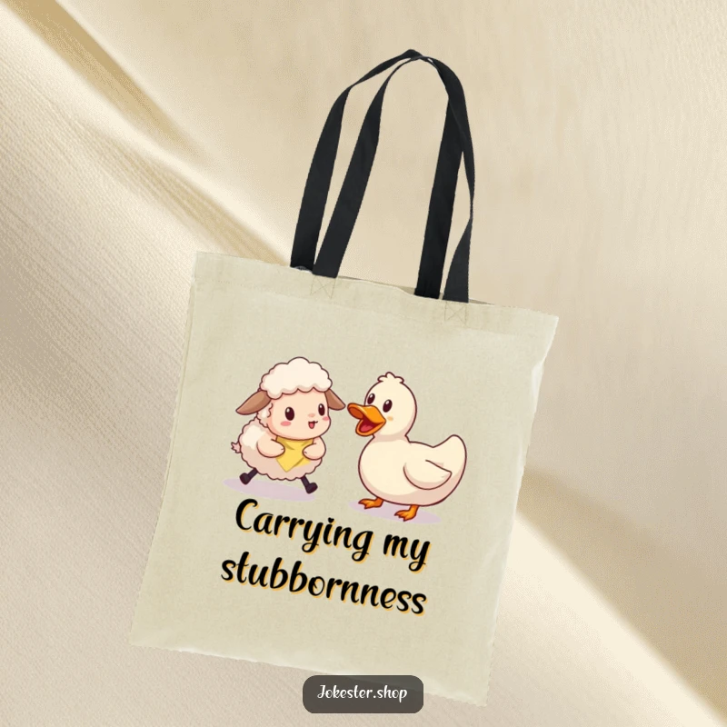 Funny sheep character making a clumsy effort to herd a single, stubborn rubber duck. A durable and funny tote bag for humor lovers.