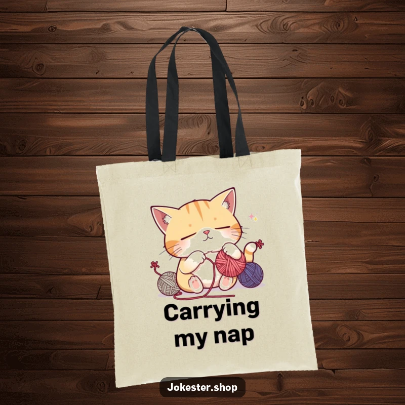 Funny tote bag showcasing a sleepy cat attempting to juggle yarn balls, looking ready for a snooze, ideal for carrying items with humorous flair.