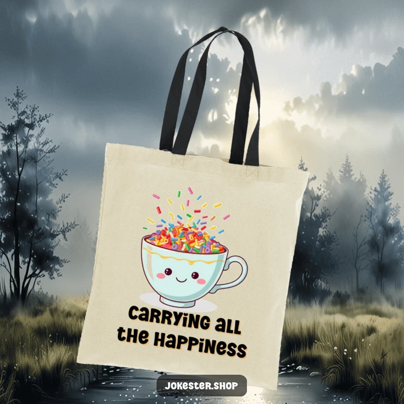Funny teacup tote bag filled with vibrant, dancing sprinkles, a cheerful and practical accessory for carrying daily items.