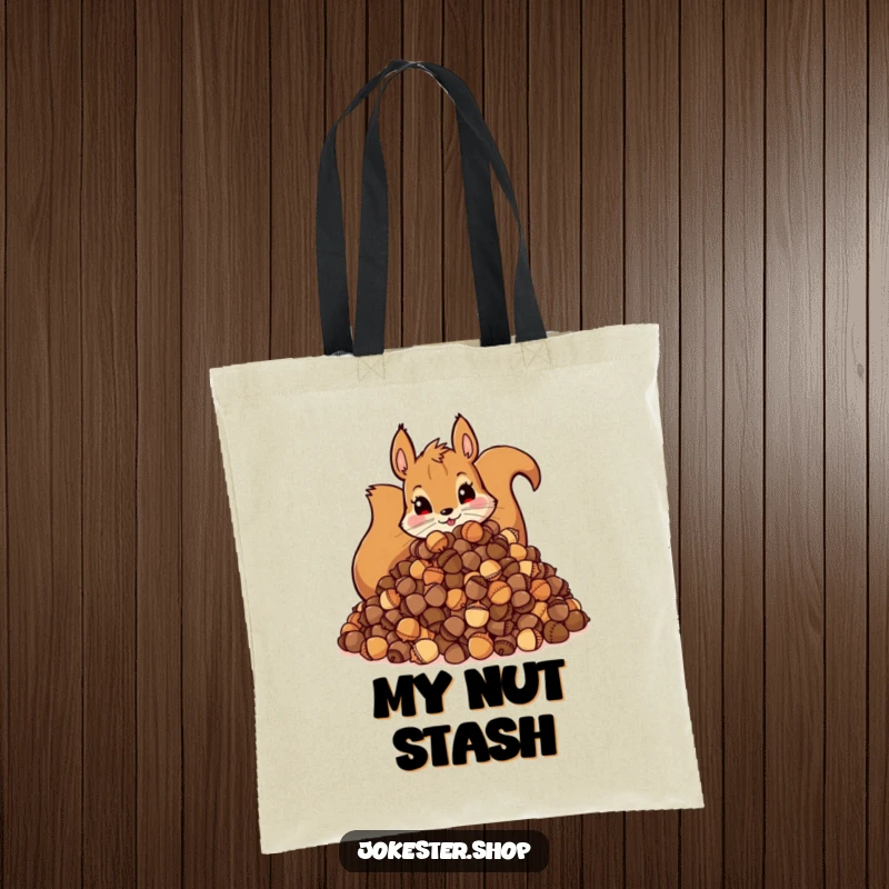 Funny Tote Bag: Illustration of a mischievous squirrel with a large pile of acorns, ideal for carrying daily items.
