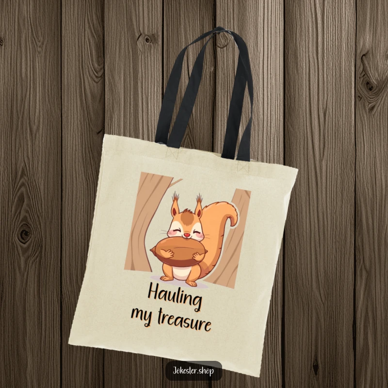 Funny tote bag illustration of a squirrel precariously balancing a large nut on its nose, a humorous depiction of focus and effort.