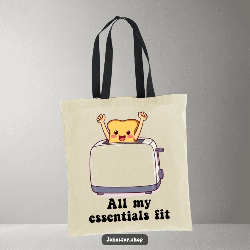 Funny cheerful toast emerging from a toaster with arms raised in triumph, featured on a sturdy tote bag.