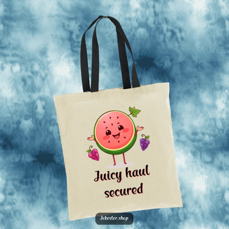 Funny tote bag showcasing a smiling watermelon slice juggling three small grapes, perfect for shopping and carrying laughter.