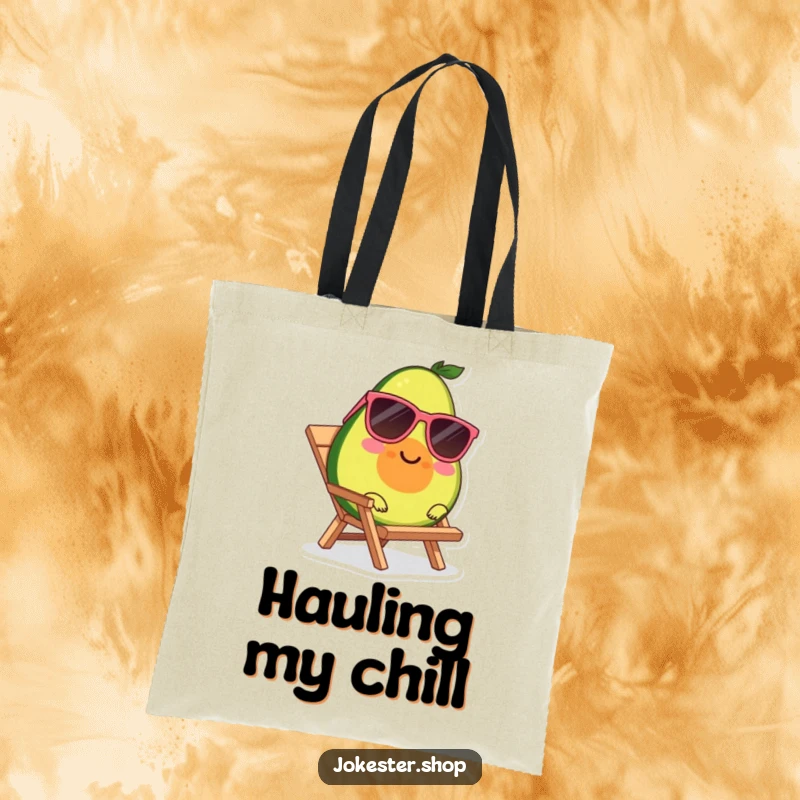 Funny tote bag with a smiling avocado character wearing sunglasses, lounging on a tiny beach chair.