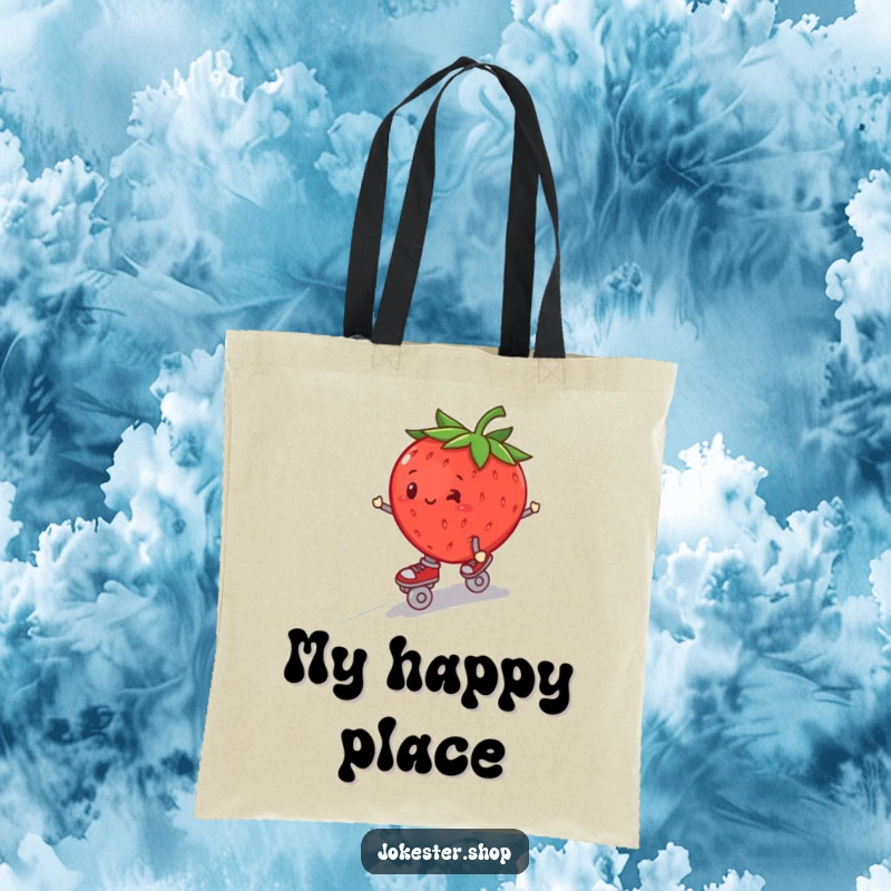Funny plump strawberry on roller skates, wobbling down a hill, featured on a durable tote bag.
