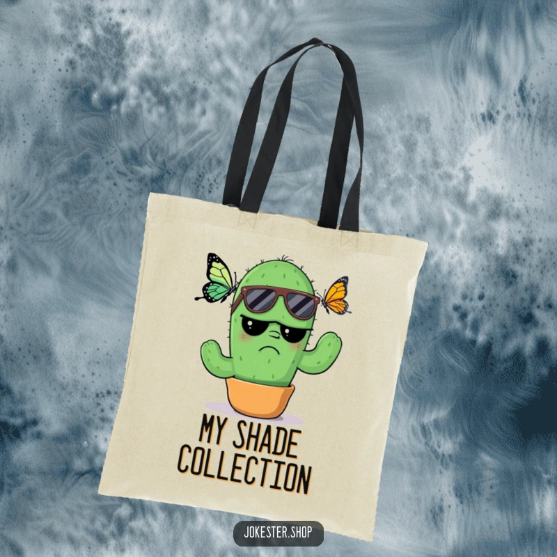 Funny Tote Bag: A grumpy cactus in stylish sunglasses, looking thoroughly annoyed by a nearby butterfly, perfect for carrying items with a side of sass.