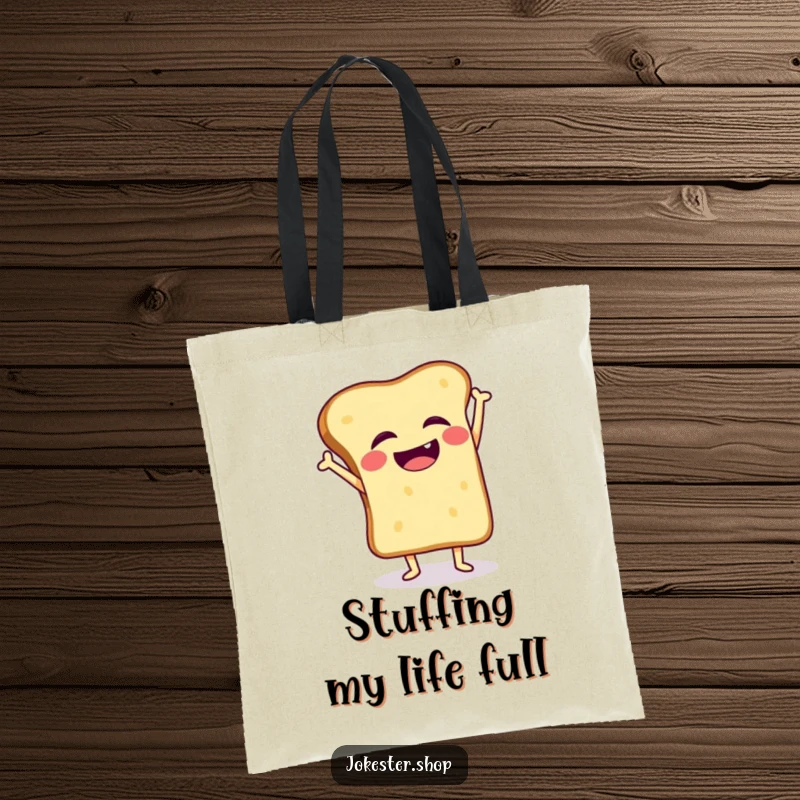 Funny tote bag showing a giggling toast slice wobbling mid-handstand, perfect for carrying your essentials and smiles.