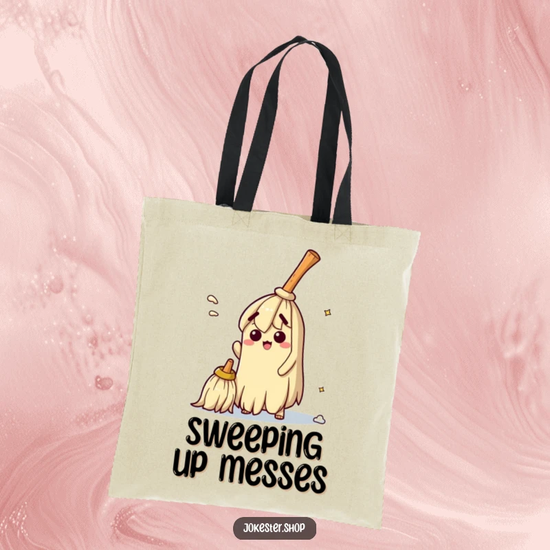 Funny tote bag showing a bewildered broom attempting to clean itself, a humorous representation of cleaning struggles and a practical accessory.
